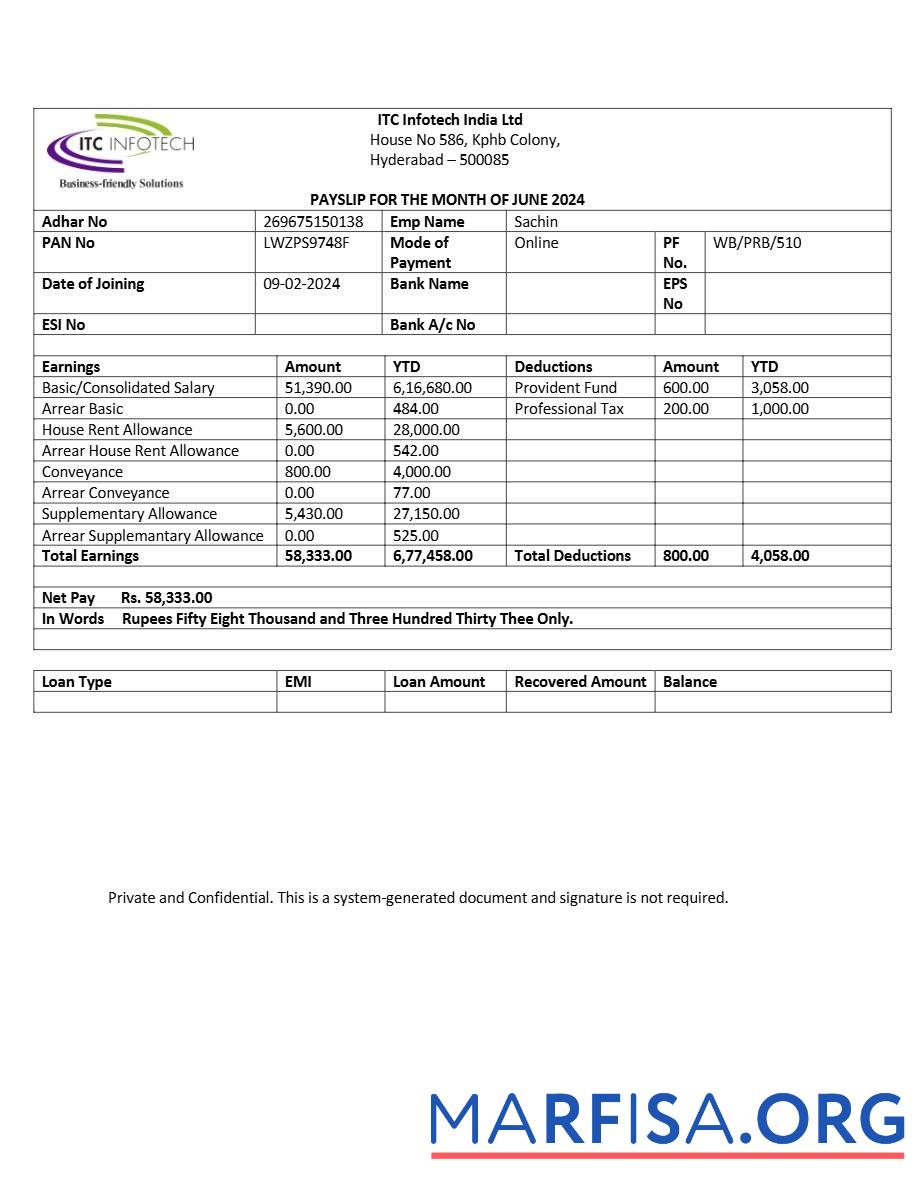 Downloadable ITC Infotech payslip real example